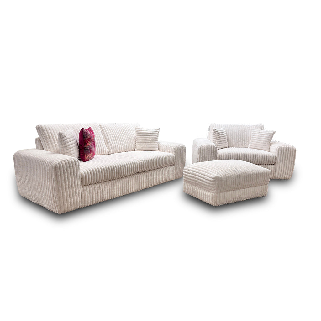 'Rib' Ivory Soft Fur Cord Fabric 3 Seater Sofa + Snuggler + Footstool