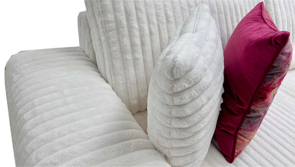 'Rib' Ivory Soft Fur Cord Fabric 3 Seater Sofa + Snuggler + Footstool