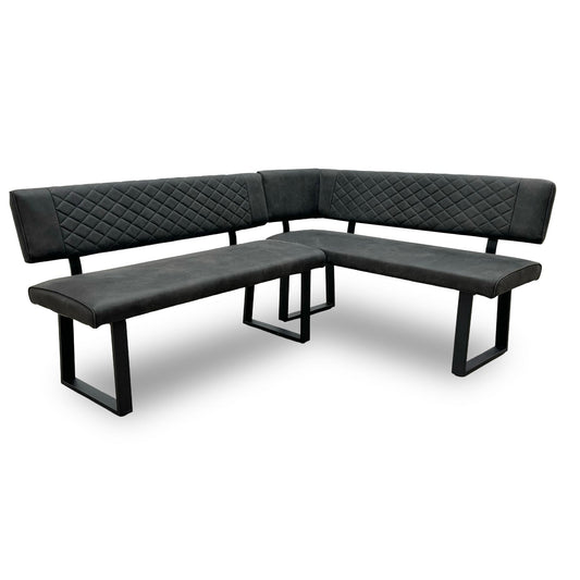 Full view of the ‘Warrior’ grey fabric right hand facing corner dining bench with quilted stitching.