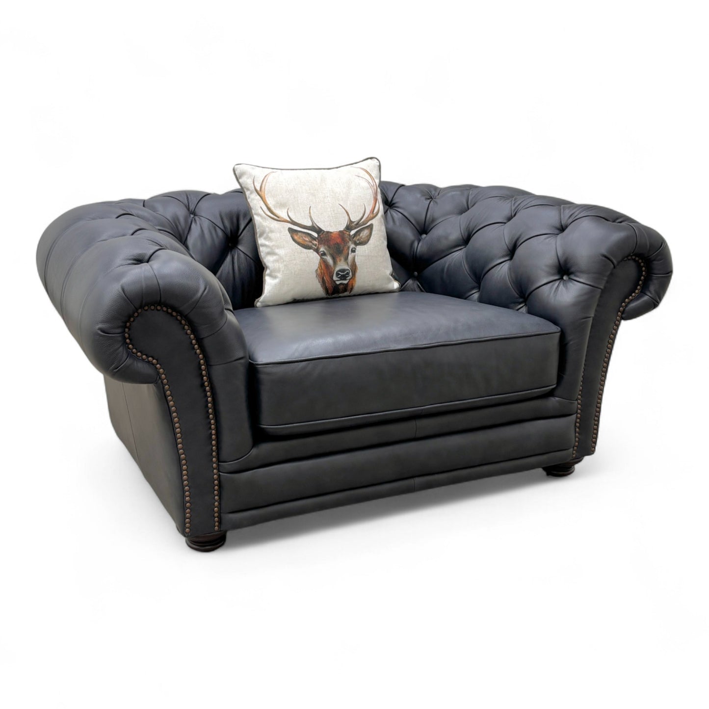 Fabb 'Savannah' Snuggler Chair in deep navy blue leather, featuring a contemporary design with wide seat and plush cushions.
