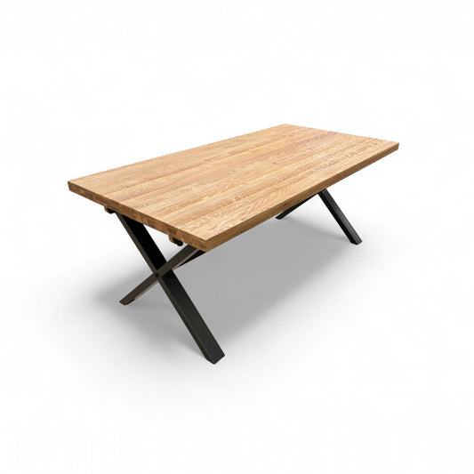 Full angled view of the large 190cm Earth Fixed Dining Table, showcasing the robust solid oak top and thick, modern legs.