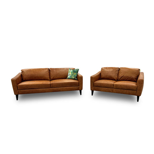 'Oslo' Teak Italian Distressed Leather 3 + 2 Seater Sofa Set