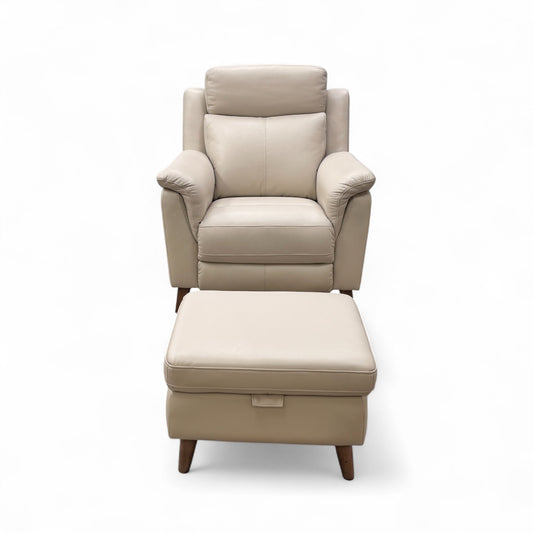 'Sienna' Bone China Leather Power Recliner Armchair with Power Headrest + Small Storage Footstool