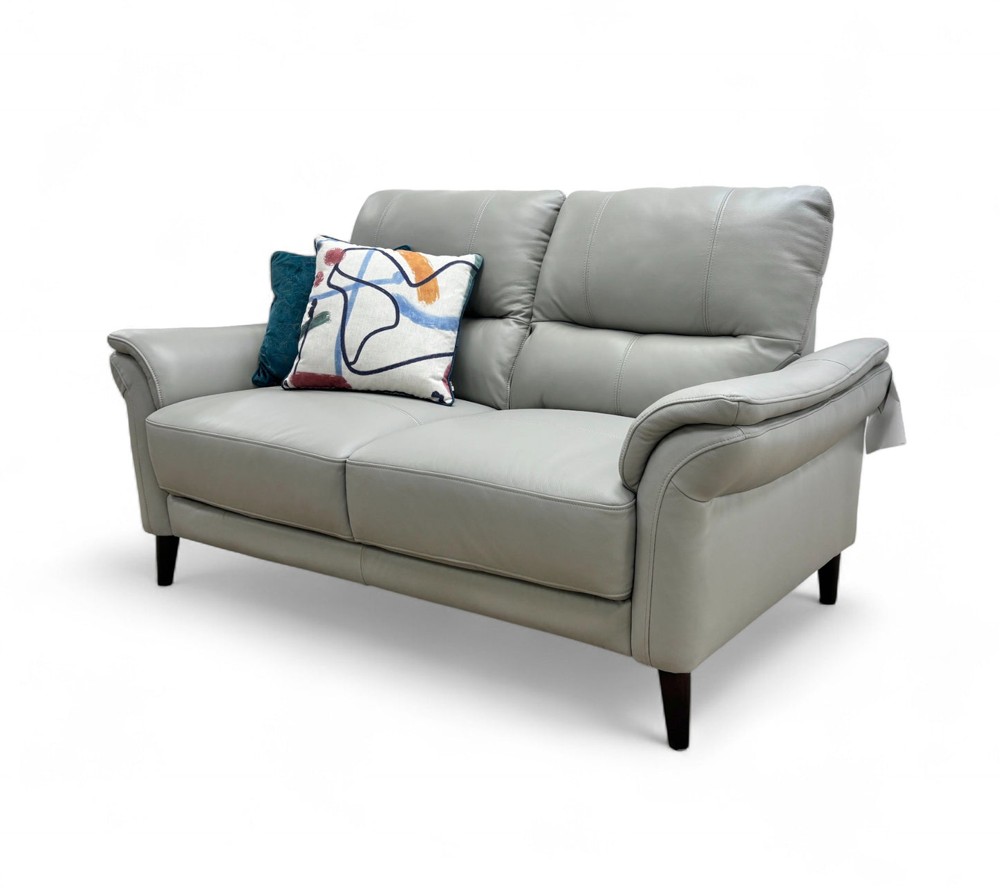 Side profile view of the 'Winner' Oslo 2 Seater Sofa, clearly showing the shape of the rolled arm and the tapered wood legs.