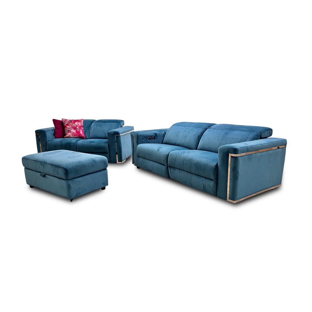 'Cora' Teal Velvet 3 + 2 Seater Power Recliner Sofas with Power Headrests + Storage Footstool
