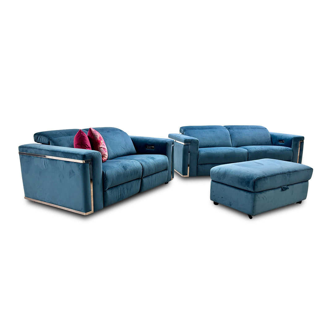 'Cora' Teal Velvet 3 + 2 Seater Power Recliner Sofas with Power Headrests + Storage Footstool