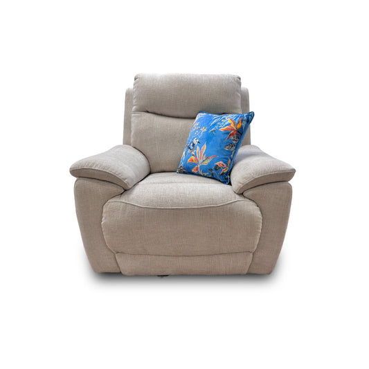 Front-facing view of the 'Sloane' Power Recliner Chair in a neutral Anivia Nature woven fabric, showing the plush seating and padded armrests in a room setting.