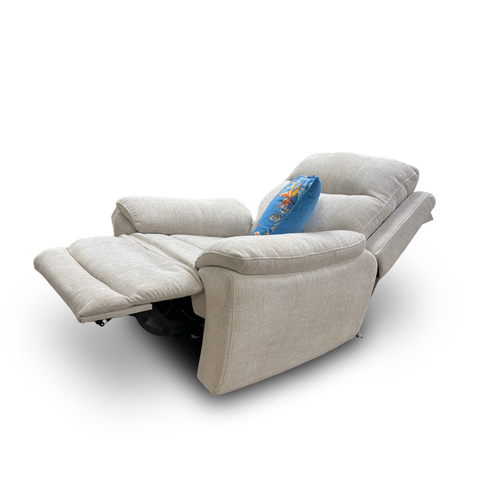 Three-quarter view of the 'Sloane' Power Recliner Chair, showing the full height and depth of the chair in an upright position.