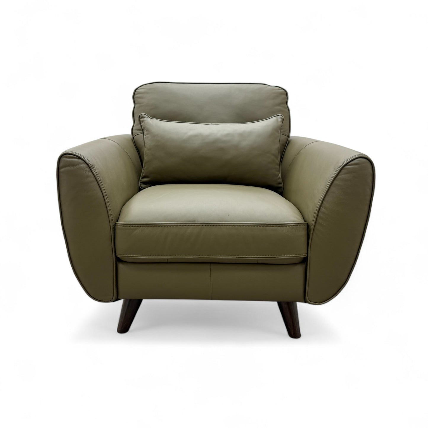Frontal view of the 'Ava' khaki green leather armchair, showcasing its single-seat cushion and deep foam fill.