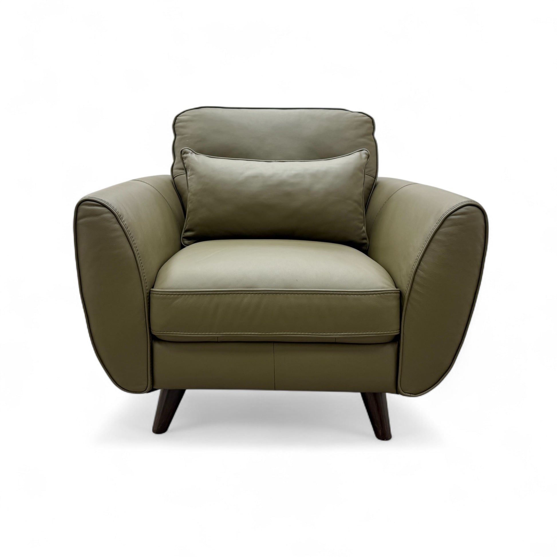 Frontal view of the 'Ava' khaki green leather armchair, showcasing its single-seat cushion and deep foam fill.