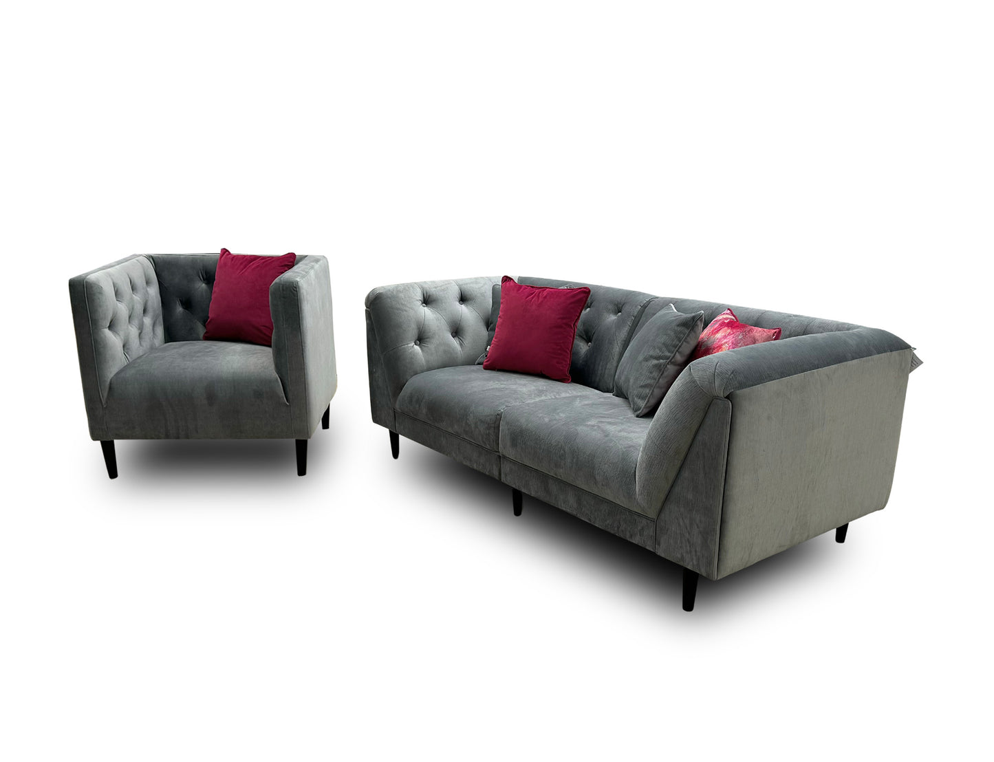 'Bridgerton’ Vader Slate All Over Etched Velvet 3 Seater Split Sofa + Accent Chair