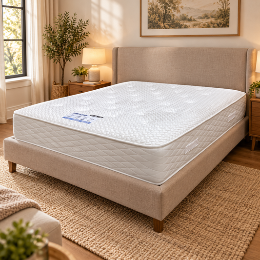 Cloud 2000 pocket memory king mattress on an upholstered bed in a sunlit bedroom