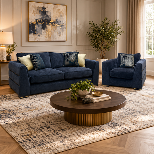 'Belissimo' Mirage Black - Gold Cp Fabric 3 Seater Classic Back Sofa + Chair Set