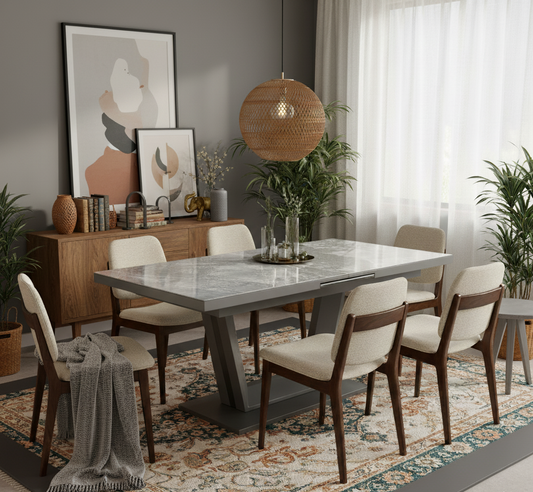 Dining room with marble table and wooden chairs, featuring a decorative rug and wall art.