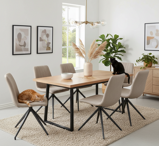 Dining room with a wooden table and chairs, cats on the chairs, and decor elements.