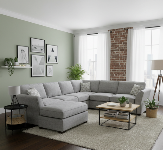 Modern living room with a gray sectional sofa, coffee table, and decorative elements.