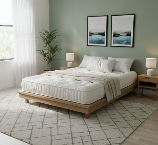 Bedroom with a wooden bed frame, white mattress, and decorative elements.