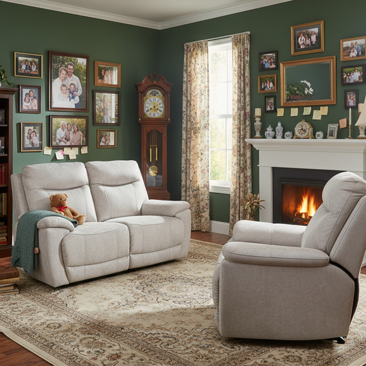 Living room with gray recliner sofa, armchair, and fireplace.