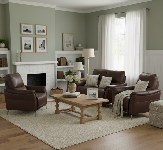 Living room with brown leather furniture, wooden coffee table, and decorative elements.