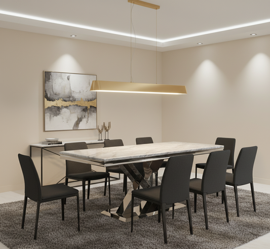 Modern dining room with marble table and black chairs, featuring a stylish light fixture.