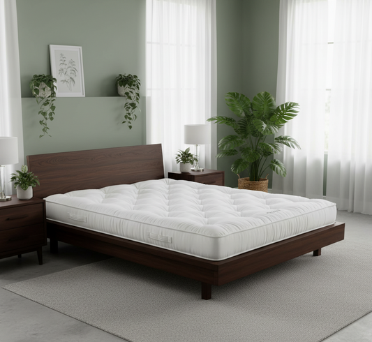 White mattress on a wooden bed frame in a bedroom with plants and decor.