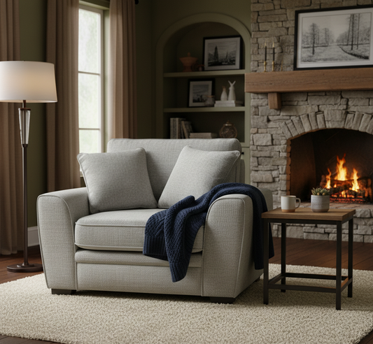 Cozy living room with a fireplace, beige sofa, and wooden side table.