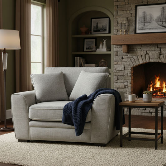 Cozy living room with a fireplace, beige sofa, and wooden side table.