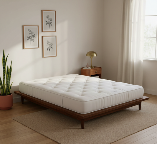 White mattress on a wooden bed frame in a room with a lamp, plant, and framed pictures.