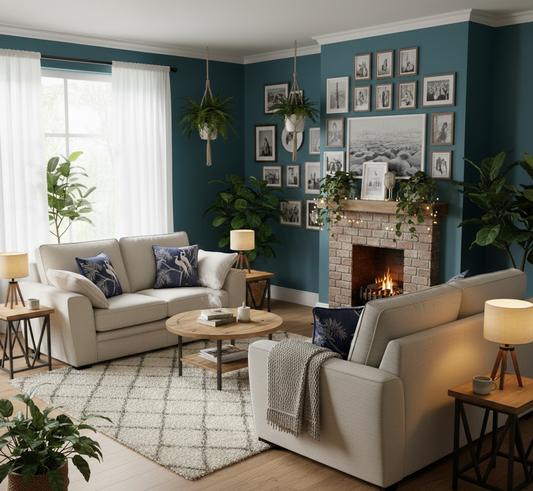 Cozy living room with blue walls, white furniture, and decorative elements.