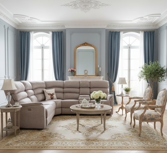 Luxurious living room with beige sectional sofa, round coffee table, and decorative elements.