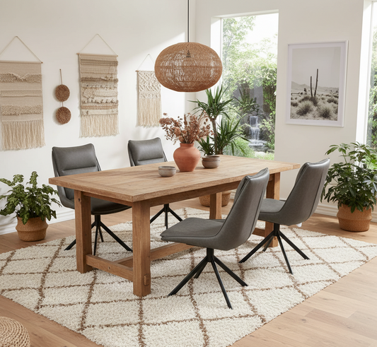 Dining room with wooden table and gray chairs on a patterned rug.