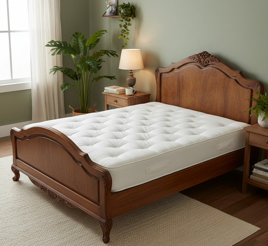 Wooden bed with white mattress in a bedroom setting