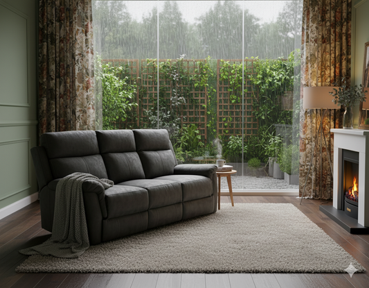 Gray sofa in a living room with a fireplace and garden view