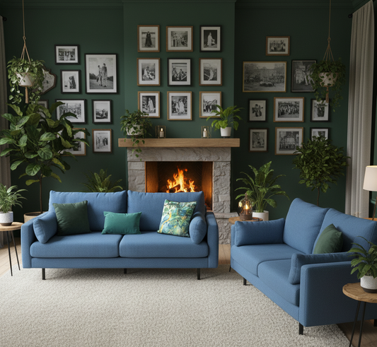 Living room with blue sofas, a fireplace, and framed pictures on the wall.