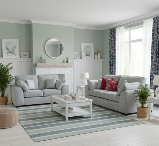 Modern living room with gray sofas, a coffee table, and decorative elements.