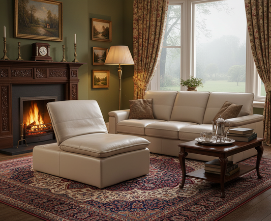 Cozy living room with beige sofa, armchair, and fireplace.