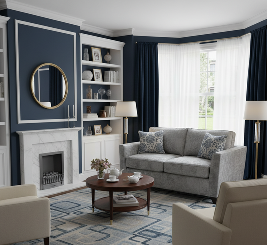 Living room with gray sofa, round wooden coffee table, and blue walls.