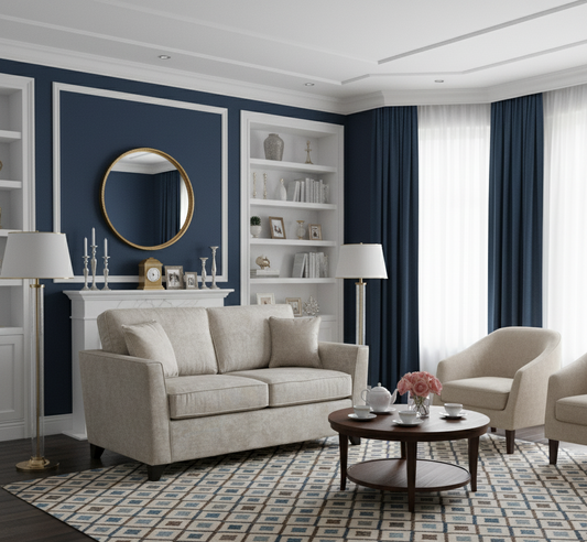 Living room with beige sofa, armchairs, and a round coffee table.
