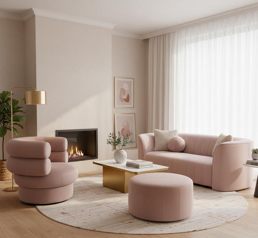 Modern living room with pink furniture and a fireplace