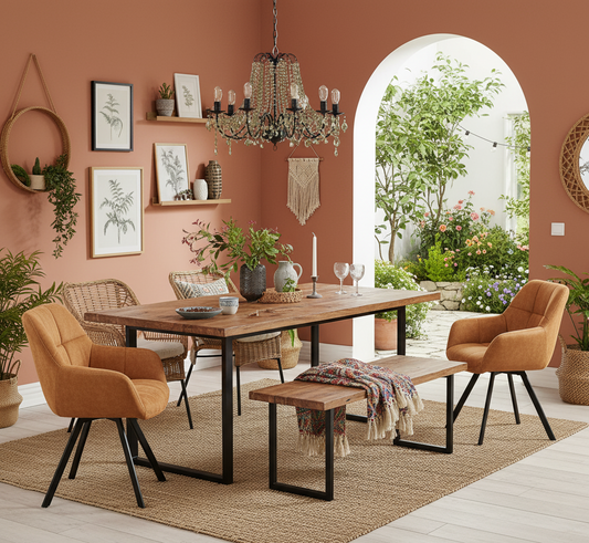 Dining room with wooden table, chairs, and decor elements.