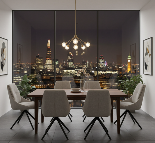 Modern dining room with a cityscape view through large windows.