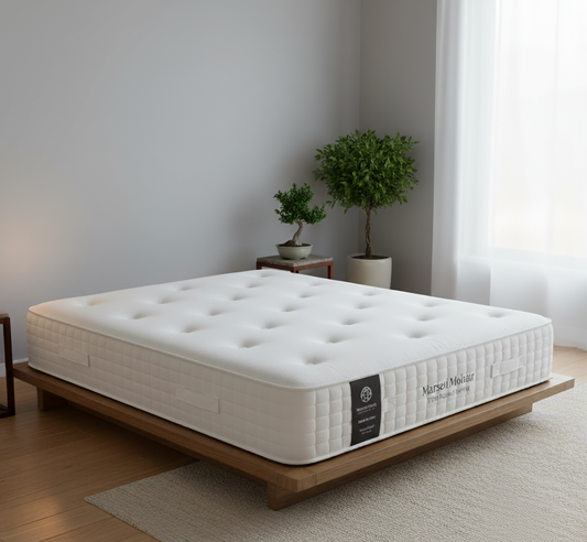 White mattress on a wooden bed frame in a room with plants and a rug.