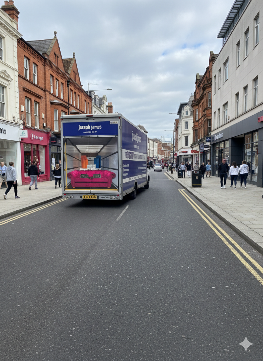 Truck with a pink sofa on a city street