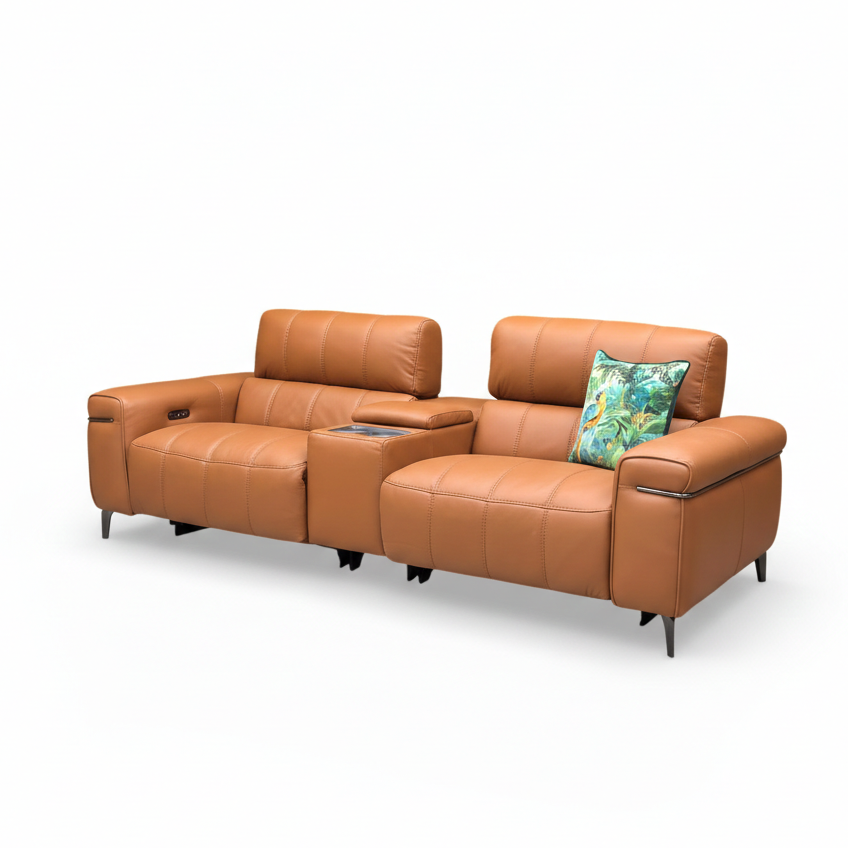 World of Leather ‘Homestage’ Nc-334e Pecan Brown Leather 3 Seater Power Recliner Sofa With Media Console And Power Headrests