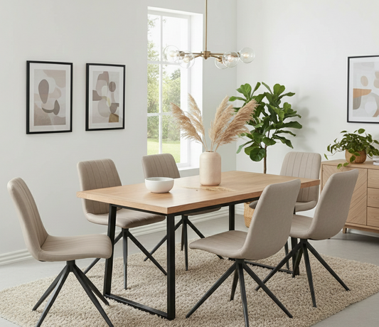 Dining room with a wooden table and beige chairs, featuring a vase and plants.