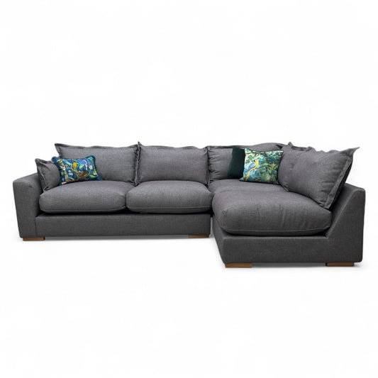 Three-quarter view of the 'Gaia' RHF Corner Sofa, highlighting the extended chaise section and deep seating cushions.
