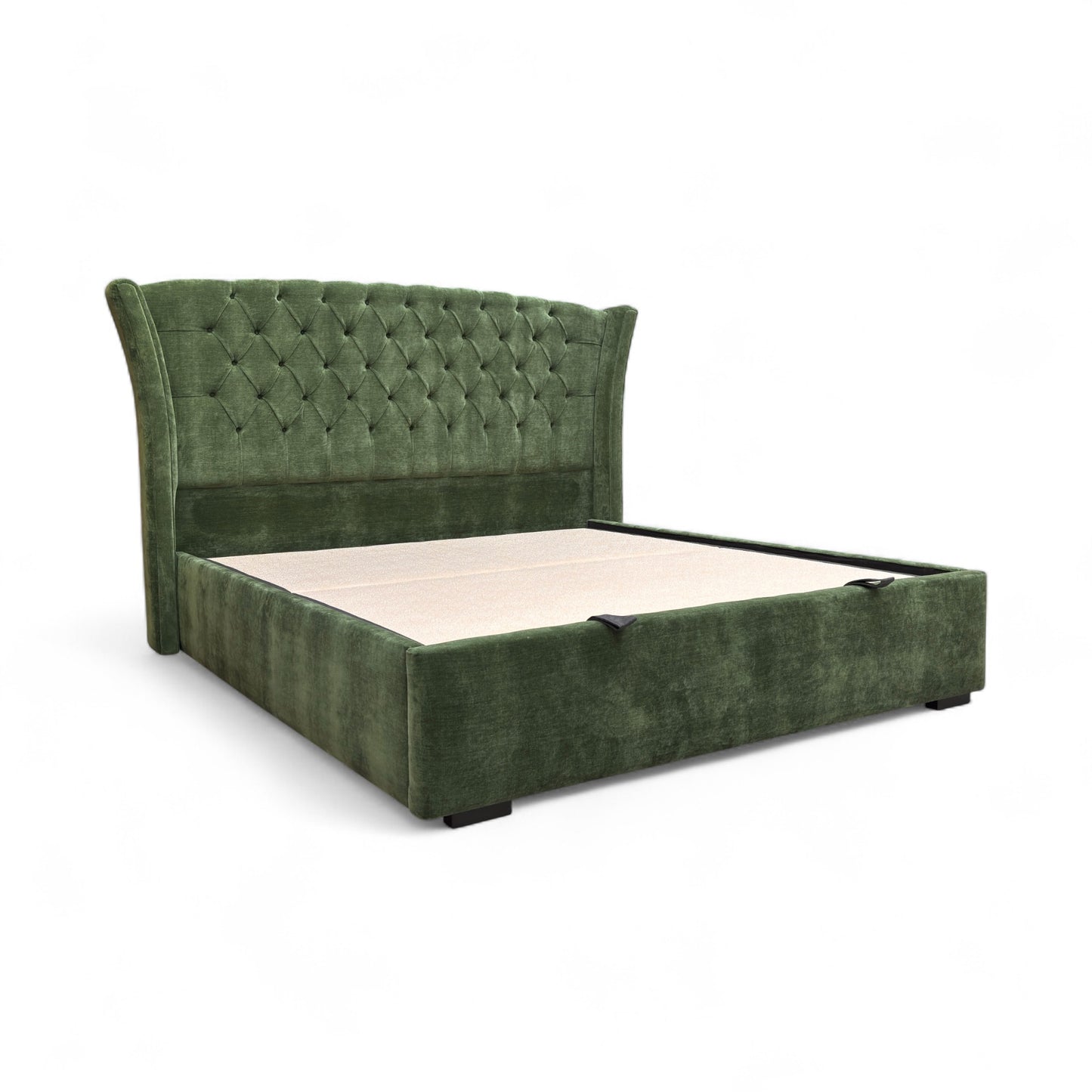 Side view of the 'Dorian' Super King Ottoman bed frame, emphasizing the height of the headboard and the upholstered sides.