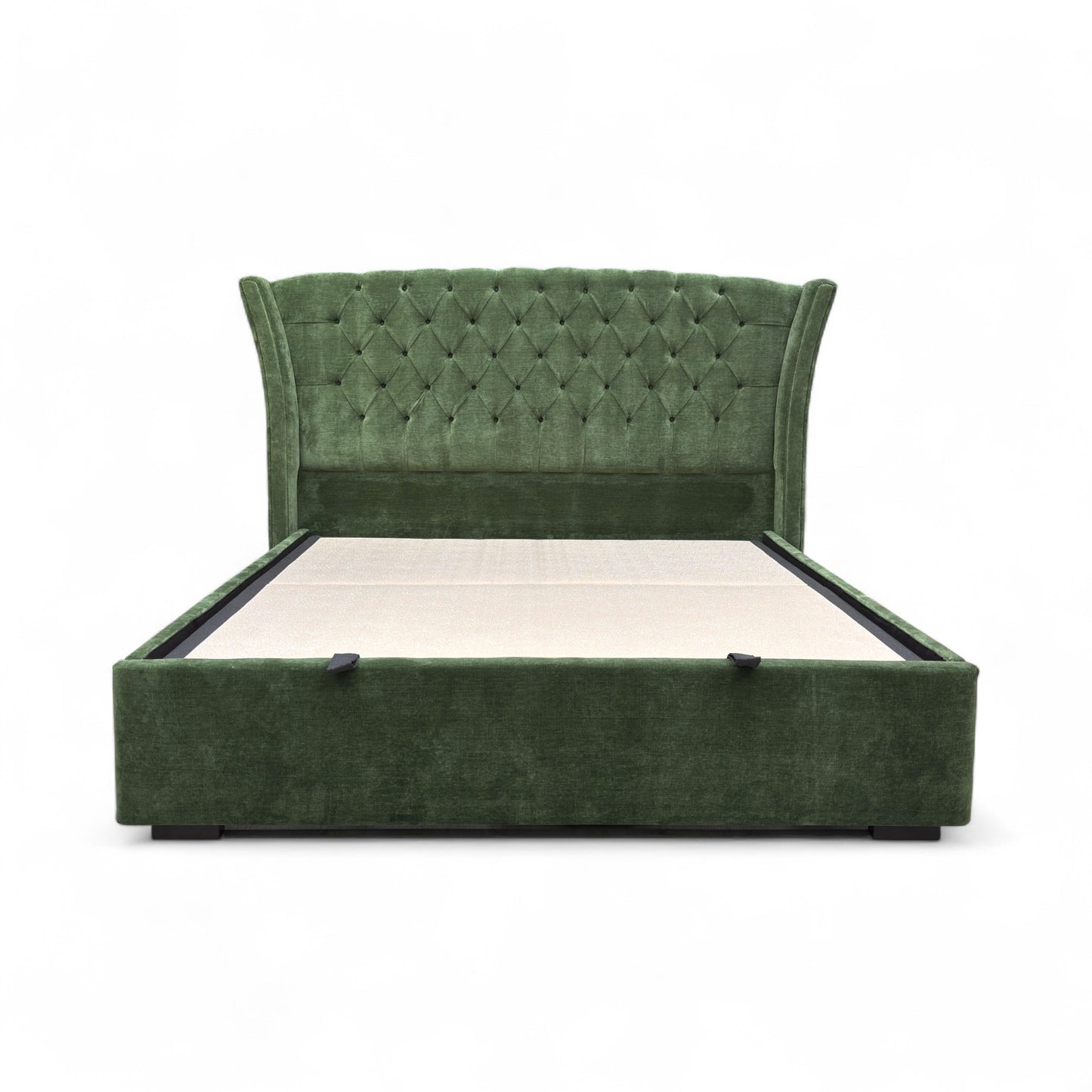 Front View of 'Dorian' Floor Standing Headboard, showing the deep button tufting and the texture of the Aston Moss fabric.