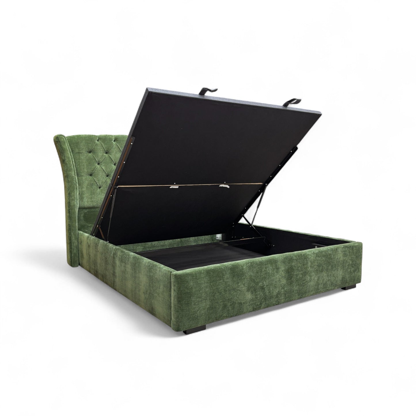 The Super King-size 'Dorian' End Lift Ottoman Bed open, showcasing the large storage space beneath the mattress base.