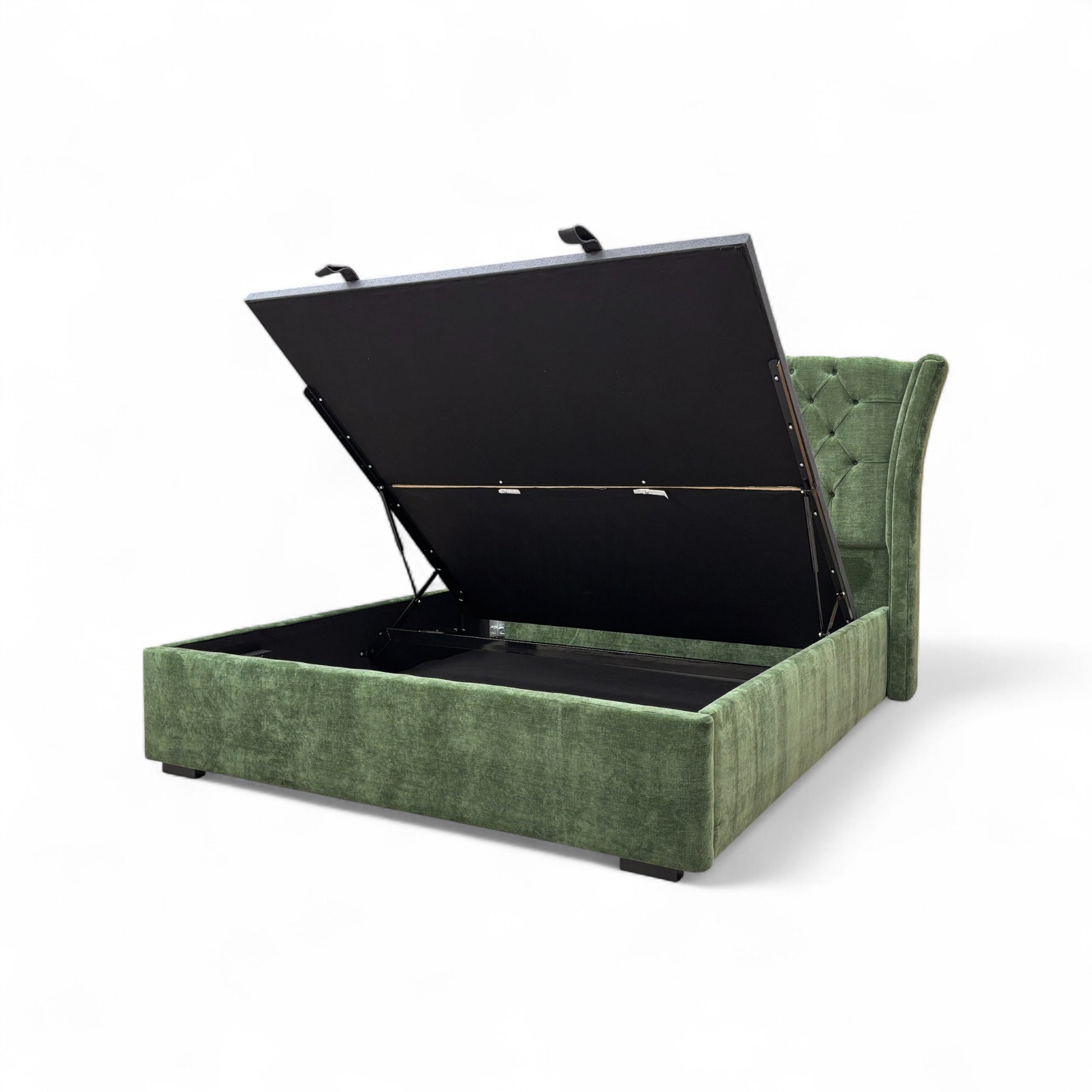 Image of the lower half of the 'Dorian' bed frame and footboard, highlighting the upholstered base in moss green.